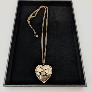 Betsey Johnson Gold Tone Heart Locket Necklace Pink Bow‎ Paris Statement Piece